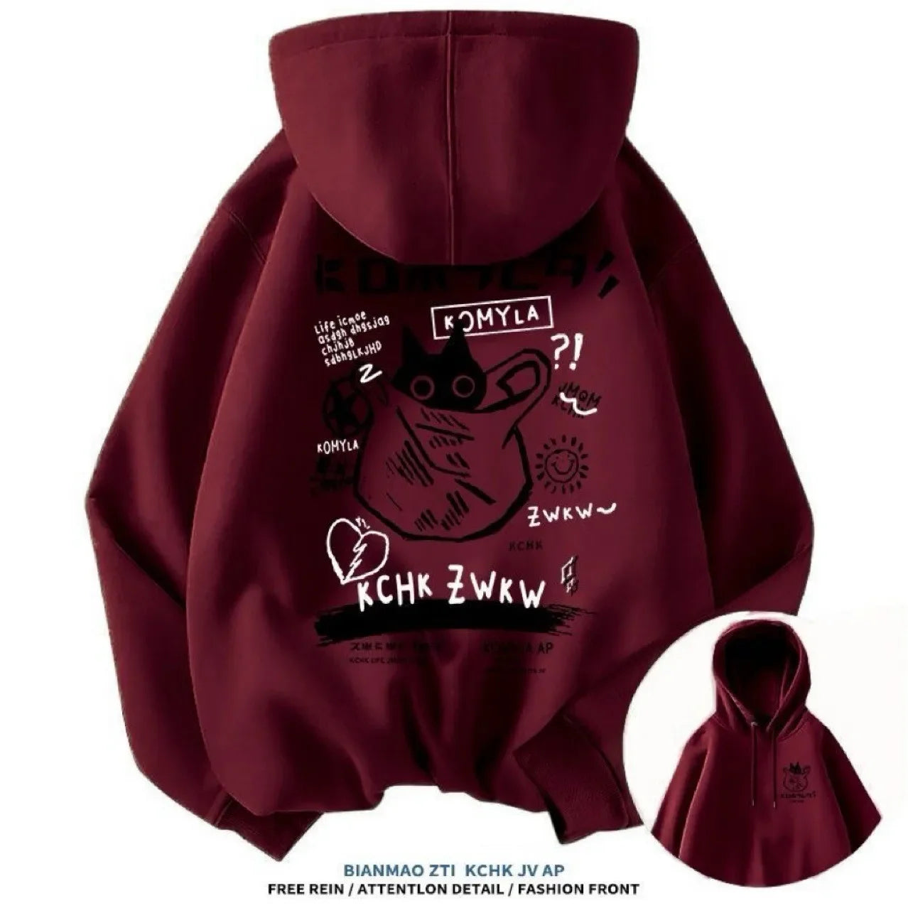 2025 unisex printed hooded sweatshirt with black cat letter pattern long sleeved sweatshirt, casual and comfortable