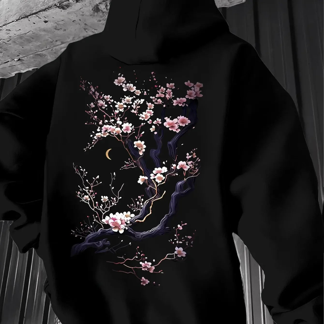 Men'S Hoodie Designed with Retro Ink Wash Style Cherry Blossom Branches Reflecting Eastern Aesthetics Made from Knit Fabric
