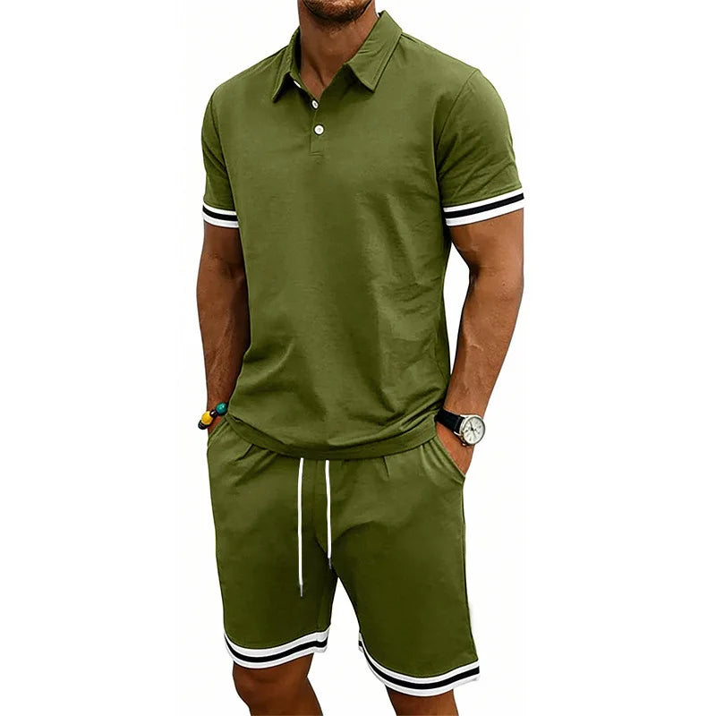 European and American men's summer casual trend thin breathable polo lapel short-sleeved POLO shorts set
