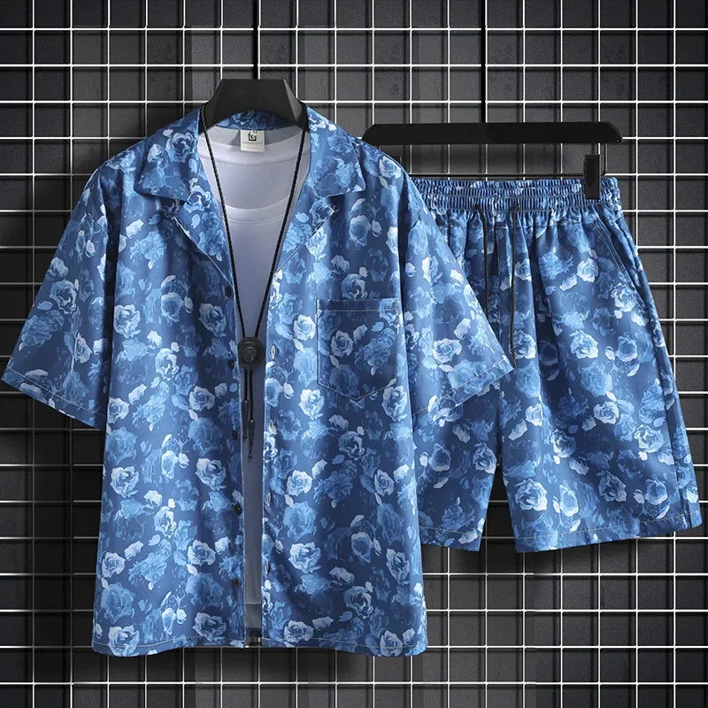 Men Hawaiian Print 2 Piece Set Short Sleeve Shirt And Shorts Beach Summer Outfit