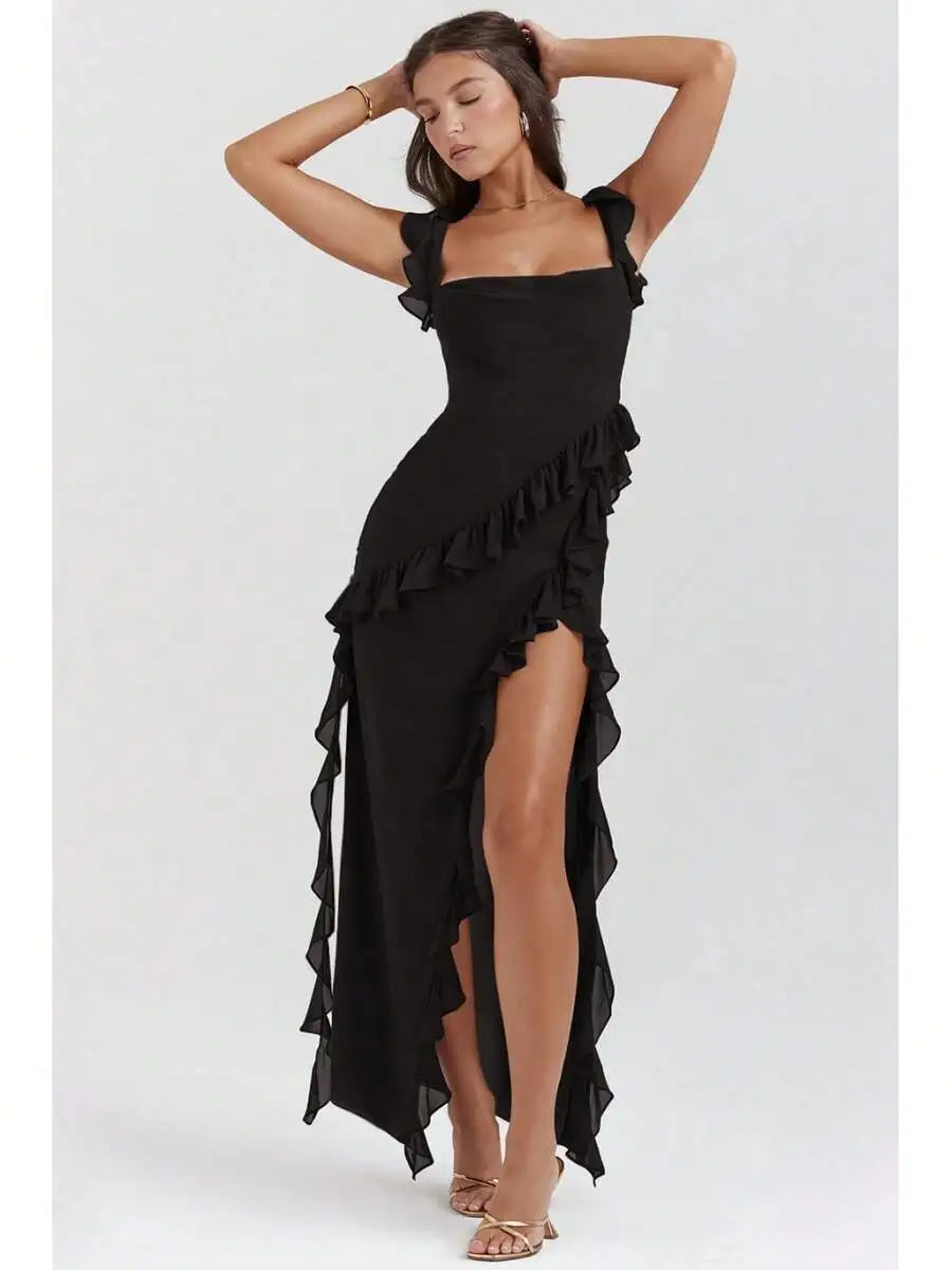 French Style Spaghetti Strap Ruffle Floral Print High Low Long Dress For Women