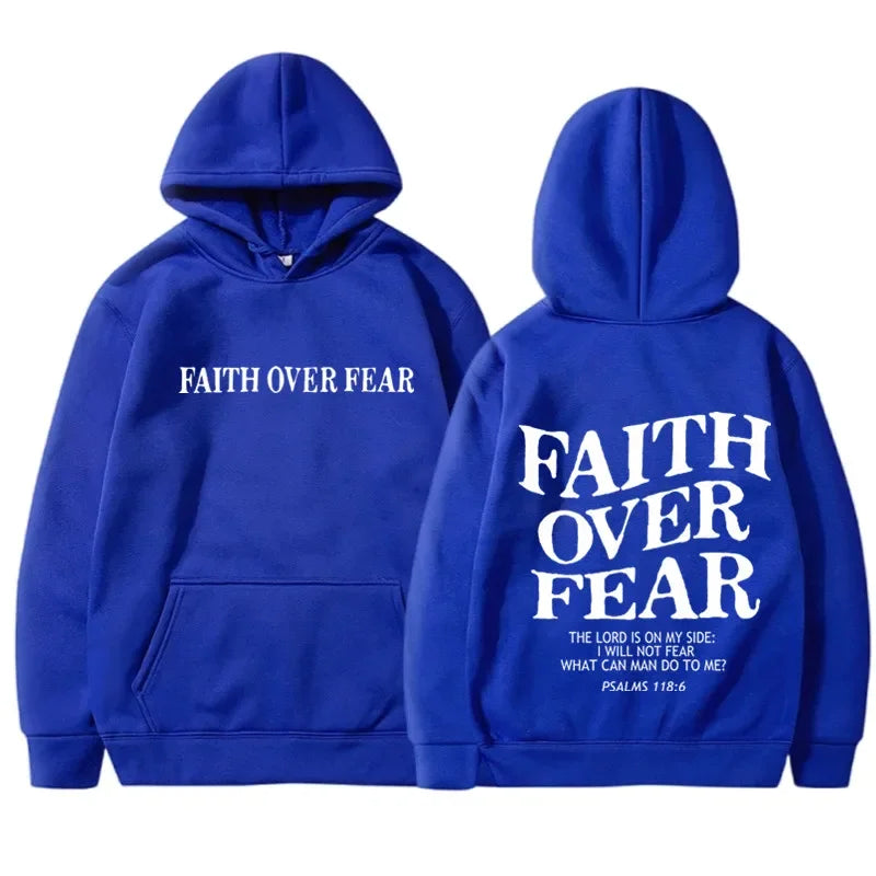 Men's Faith Over Fear Graphic Hoodie Black Pullover Sweatshirt Comfortable Blend Fabric Inspirational Streetwear Hooded Top