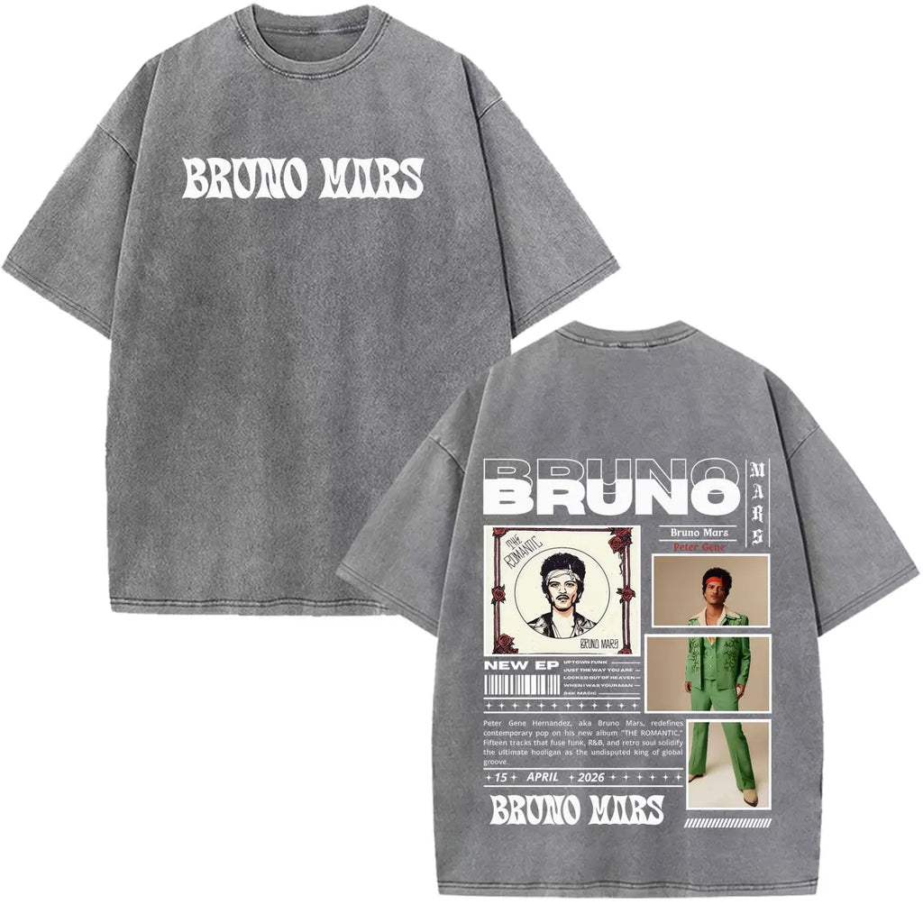 Bruno Mars The Romantic Tour 2026 Print Vintage Washed T-shirt Man Woman Fashion T-shirts Cotton Loose Casual Oversized T-shirts