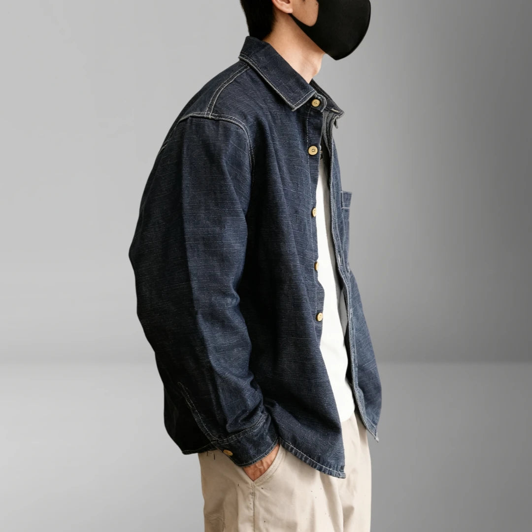 Mens Japanese Vintage High Quality Denim Shirt Heavyweight Washed Blue Oversized Casual Long Sleeve Workwear Streetwear Trendy