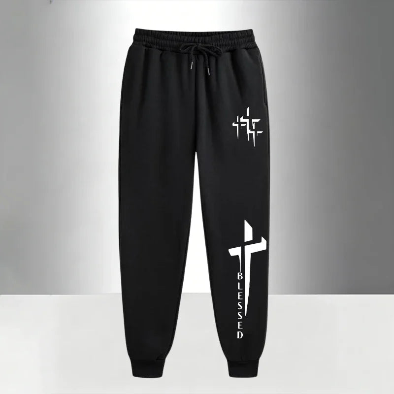 Urban Causal Fashion Hoodies Outerwear Sets Cross Blessed Print Tracksuit for Men Zipper Hooded Sweatshirt and Black Sweatpants