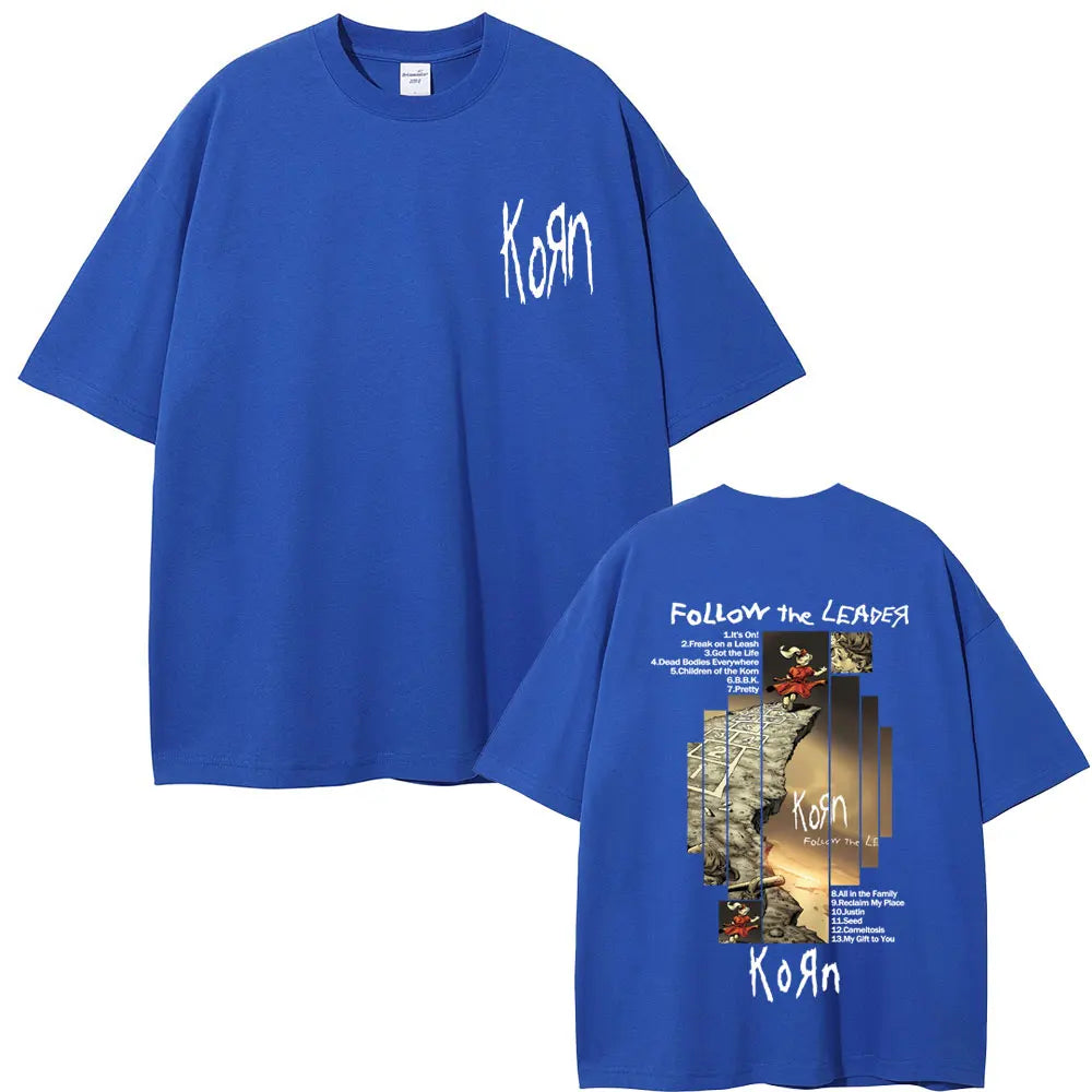 Rock Band Korn Follow The Leader Album Graphic T-shirt Men Women Casual Oversized T Shirts Male Vintage Alternative Metal Tshirt