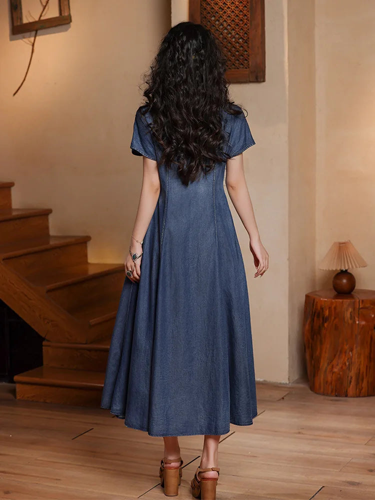 TIYIHAILEY Women Denim Dresses Long Mid-Calf Single Breasted Summer M-4XL Chinese Style Embroidery V-Neck New Vintage 2026