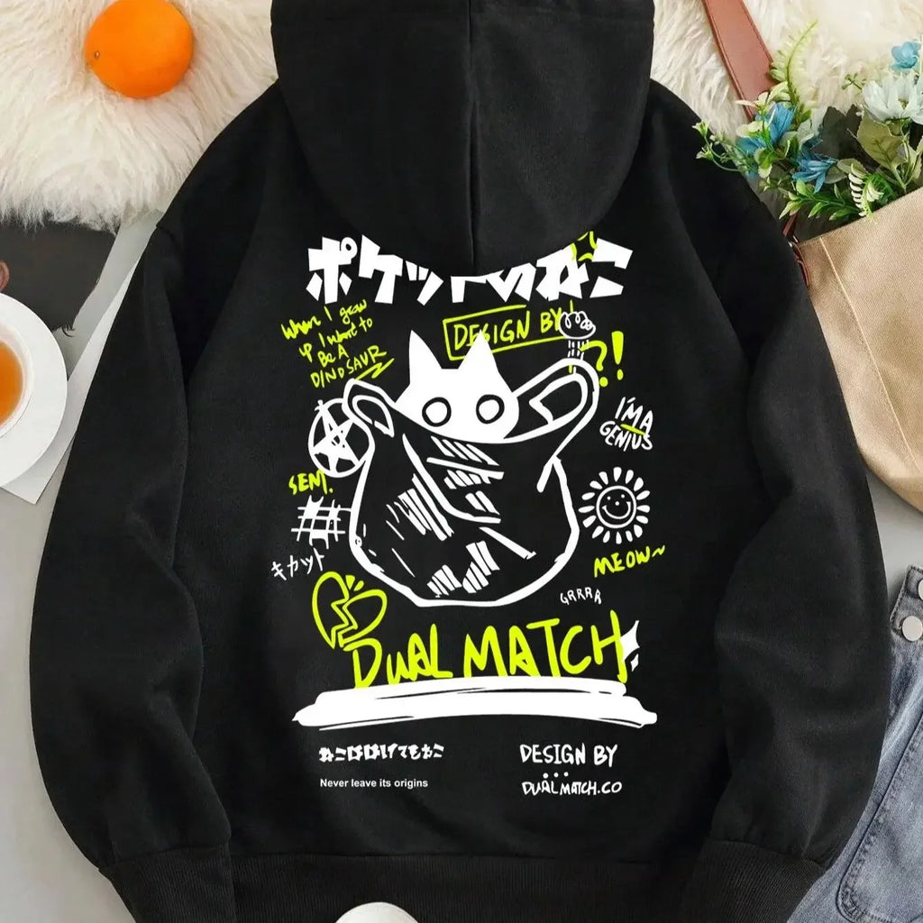 2025 unisex printed hooded sweatshirt with black cat letter pattern long sleeved sweatshirt, casual and comfortable
