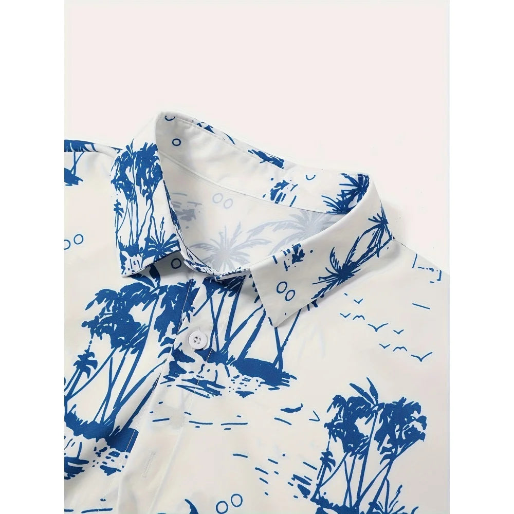 Summer Man Set Coconut Tree Fresh Flower Pattern Men's Short-Sleeved Button Shirt Summer Seaside Beach Vacation Hawaiian Shirt