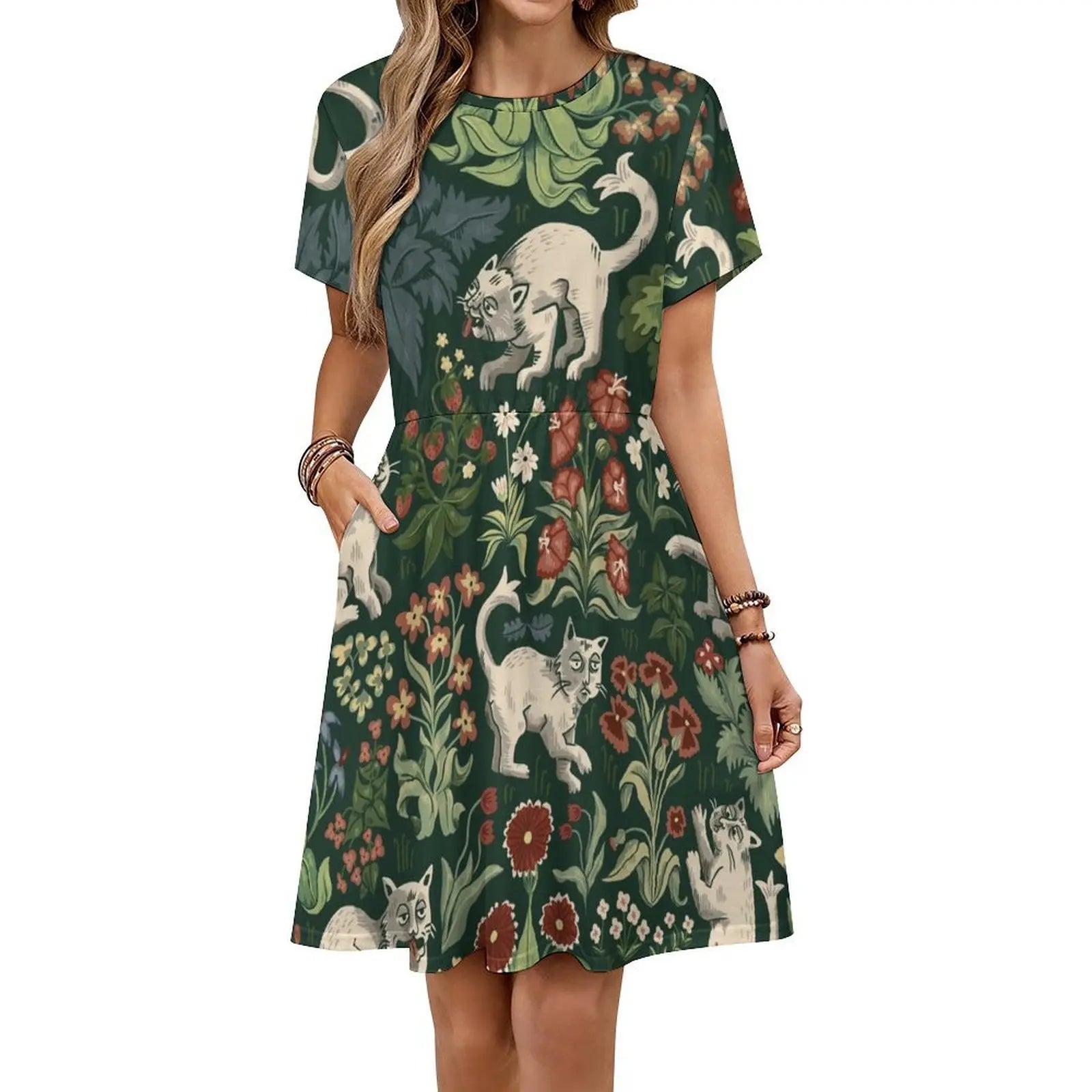 Ugly Medieval Cats Millefleur Women's Hip Hop Streetwear Dress Graphic Print Party Club Wear Cats Weird Ugly April Fools Mille