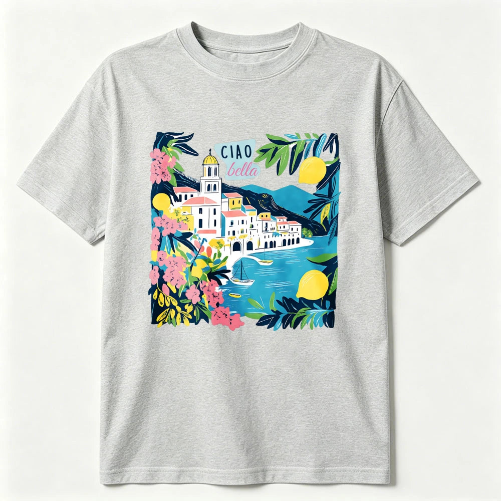 Italian Floral Mediterranean T-Shirt Ciao Bella Amalfi Coast Summer Tee Lemon Village Sailboat Positano Limoncello Travel Gift