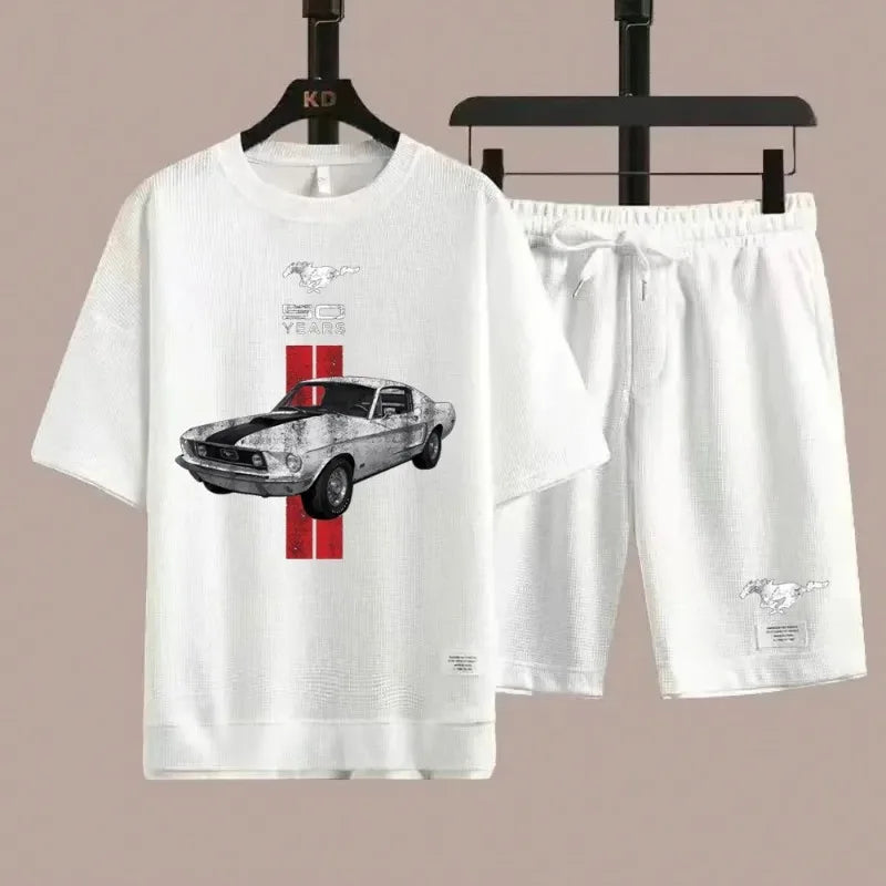 Retro 50 Years Mustang Car Man Tracksuit 2Piece Sets New Waffle Crewneck Tshirt & Shorts Sportwear Suit Mens Tees Short Pants