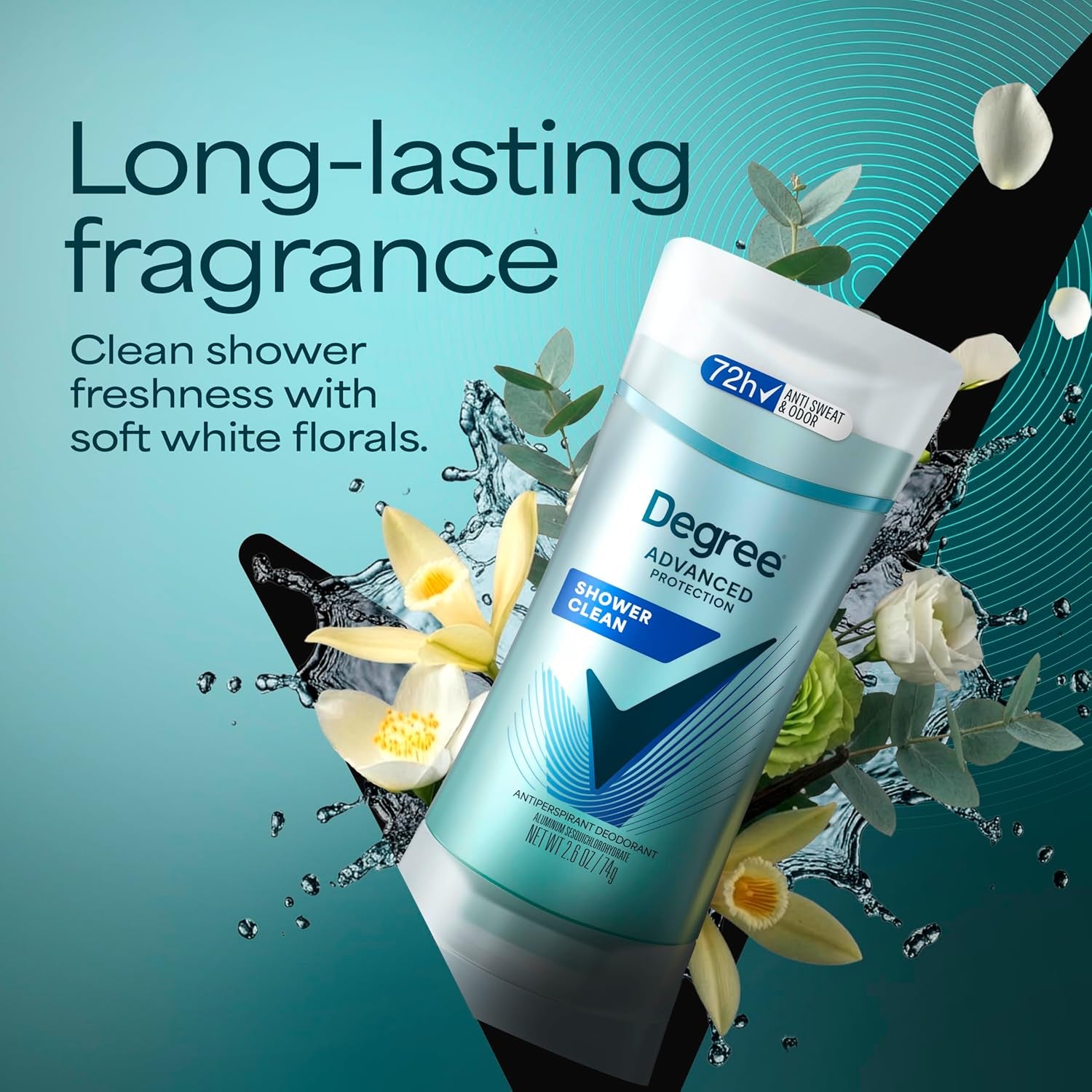 Degree Advanced Protection Antiperspirant Deodorant Shower Clean for 72-Hour Sweat & Odor Control for Women, with Body Heat Activated Technology, 2.6 Oz