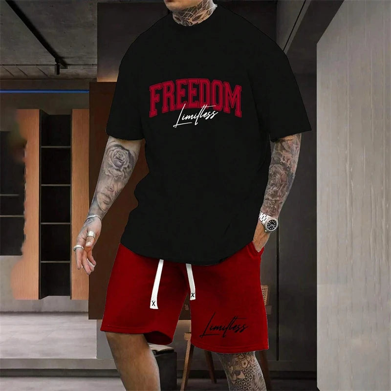 Men's Outdoor Letter Print Shorts Set Two-Piece Streetwear Two-Piece Athletic Wear Crew Neck T-Shirt Fashion Men's Apparel