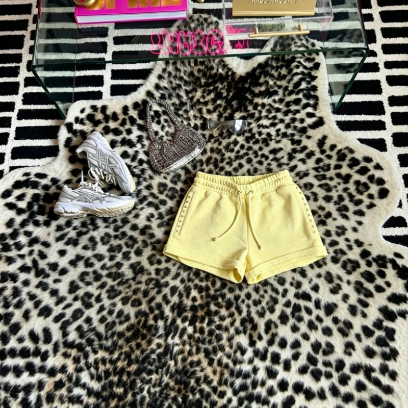 2 Pcs Hoodie Co-ords Yellow Mellow Athletic Set Rivet 21 Print Graphic Sweatsets Y2K Retro Hoodie Summer Shorts Women Sport Sets