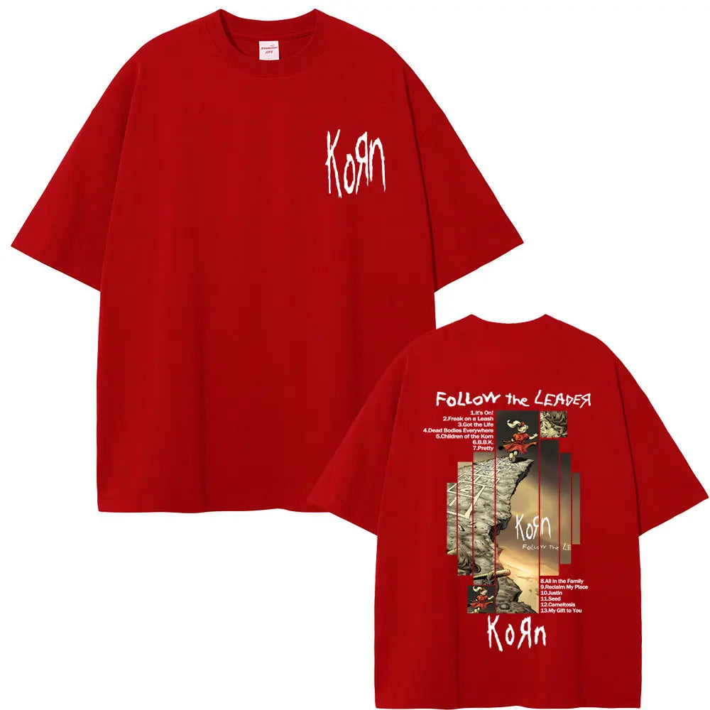Rock Band Korn Follow The Leader Album Graphic T-shirt Men Women Casual Oversized T Shirts Male Vintage Alternative Metal Tshirt