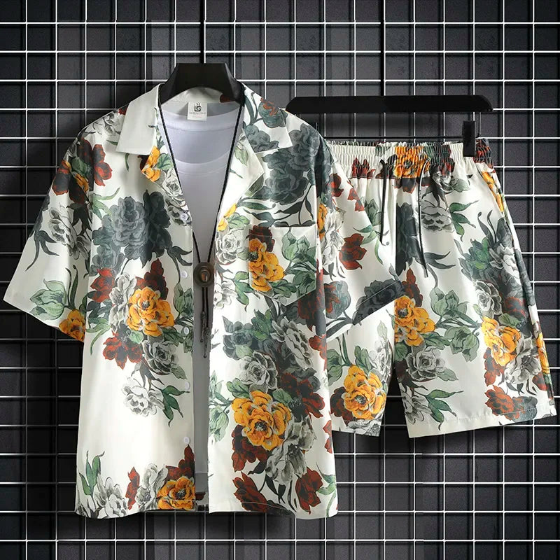Men Hawaiian Print 2 Piece Set Short Sleeve Shirt And Shorts Beach Summer Outfit