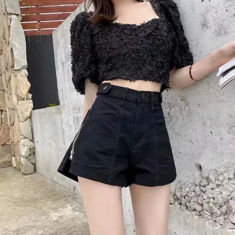 Jeans Shorts Women Straight Denim Short Trousers Side Zipper Split Design Outfits Club Women Clothing Summer Wide Leg Hot Pants