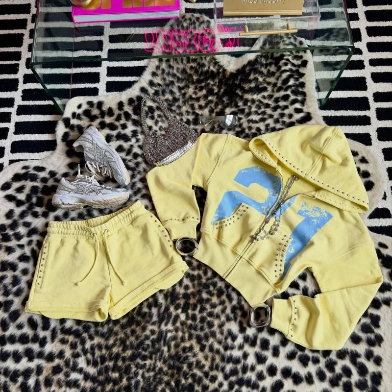 2 Pcs Hoodie Co-ords Yellow Mellow Athletic Set Rivet 21 Print Graphic Sweatsets Y2K Retro Hoodie Summer Shorts Women Sport Sets