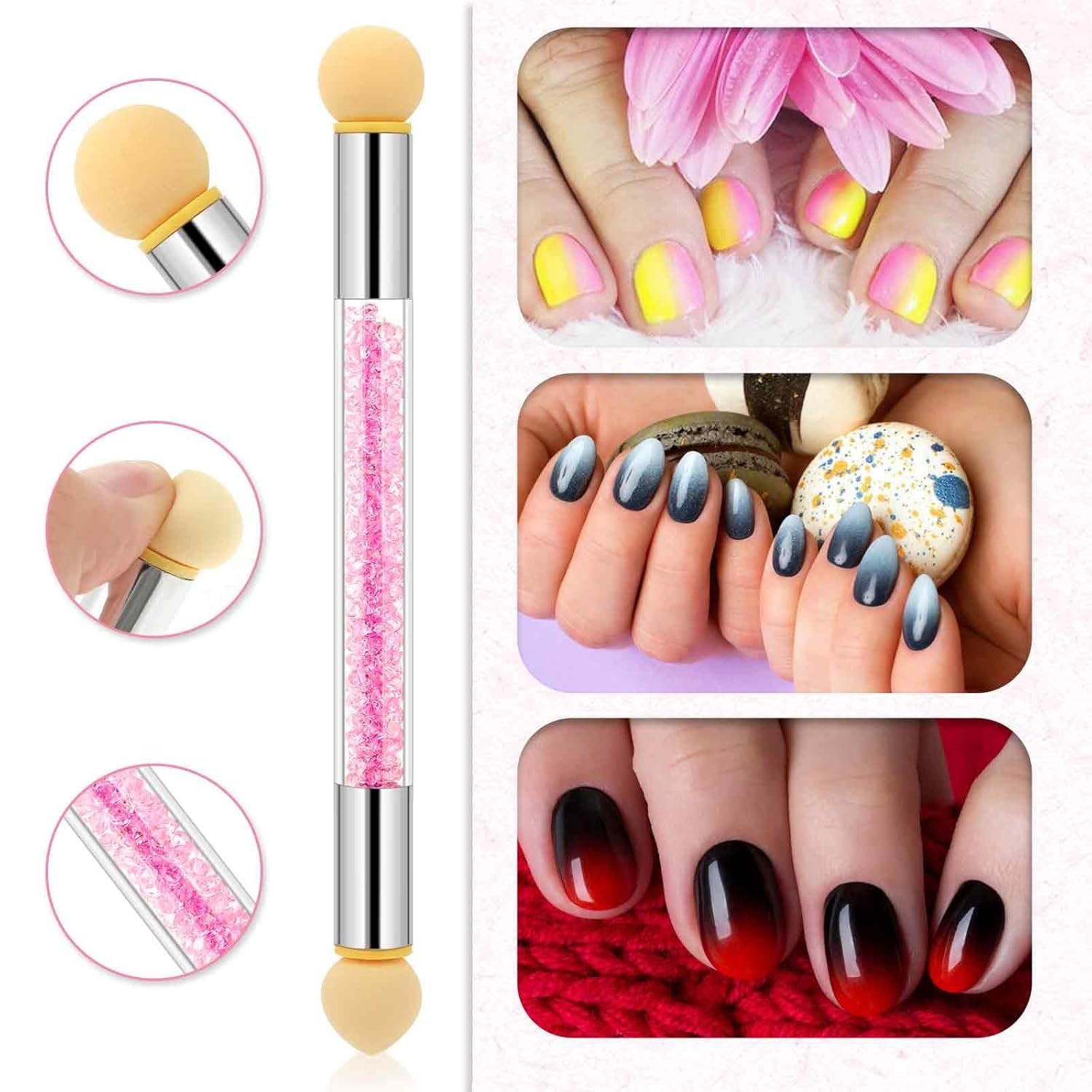 4Pcs Ombre Nail Brush, Nail Brushes Set for Gel Nails, Gradient Nail Sponges Pen, Nail Liner Brushes, Nails Art Brushes for Nail DIY Manicure Tools, Pink