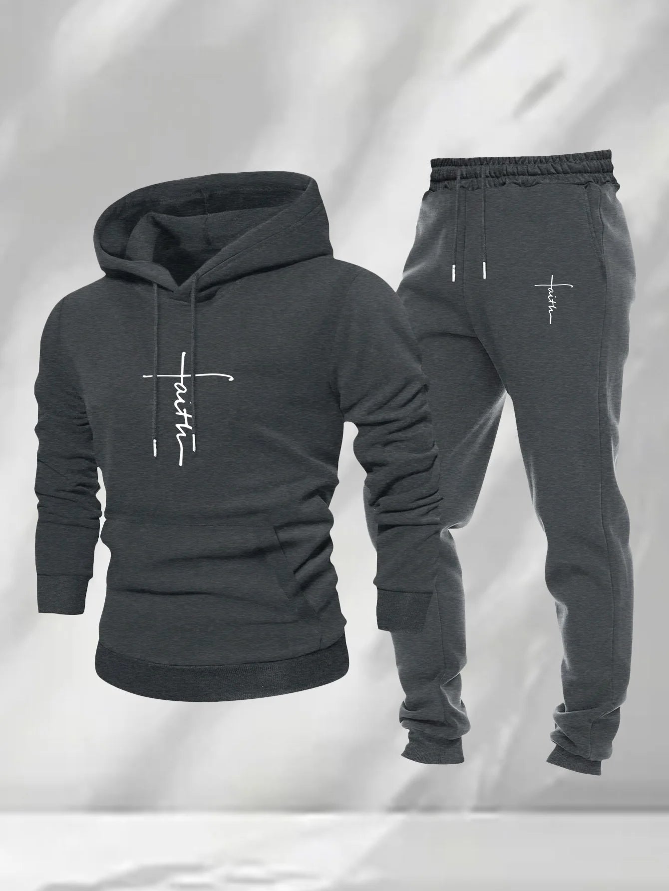 Men 2Pcs Faith Cross Graphic Hoodie Sweatpants Set Polyester Loose Autumn Street Casual Sport Tracksuit Male