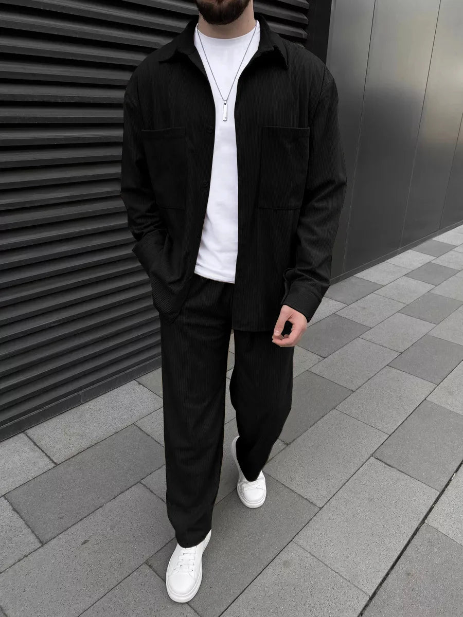 Men's corduroy two-piece outfit: long-sleeved button-down shirt and wide-leg trousers set, fashionable casual street sportswear.