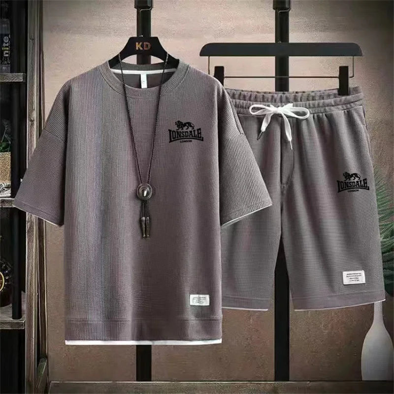 Men's summer new casual short-sleeved T-shirt set, fashionable outdoor men's round-neck pullover + sports shorts 2-piece set