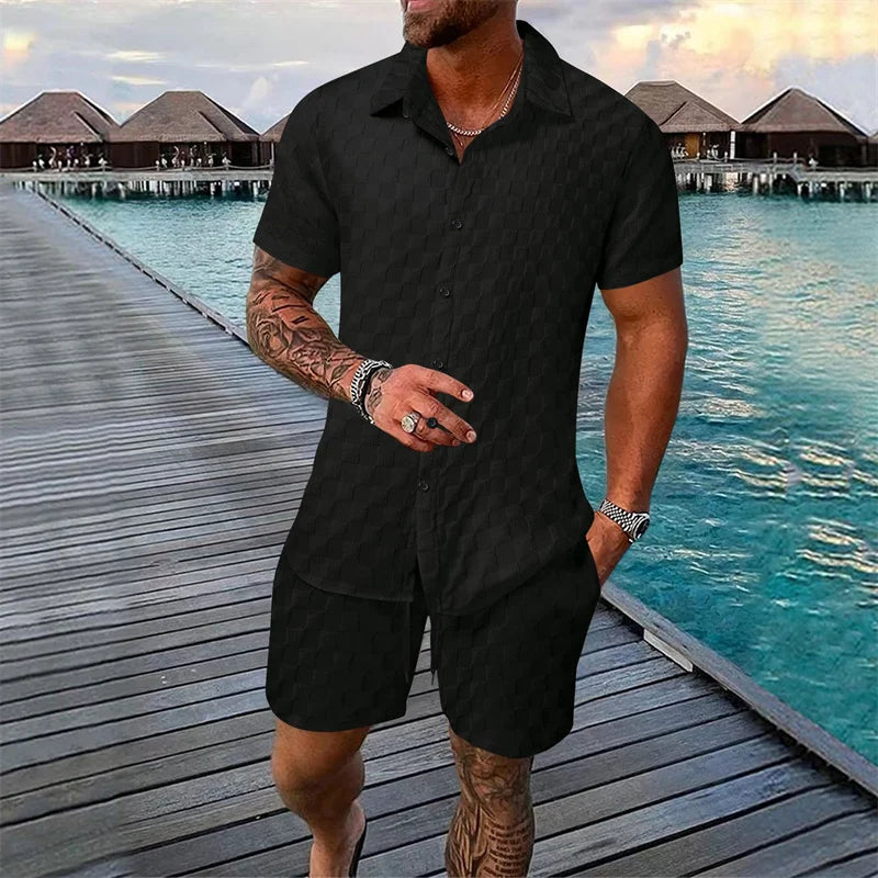 6 colors European and American new summer men's fashion pure color casual blended short-sleeved T-shirt shorts suit S-3XL size