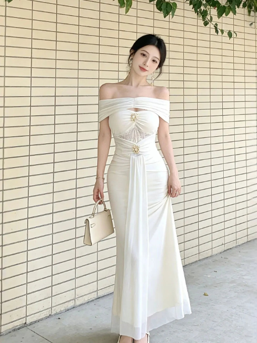 Elegant Lady Style One-Shoulder Slit Wrap Bodycon Long Dress Women's Summer Fashion Casual City Commute Street Style Dress