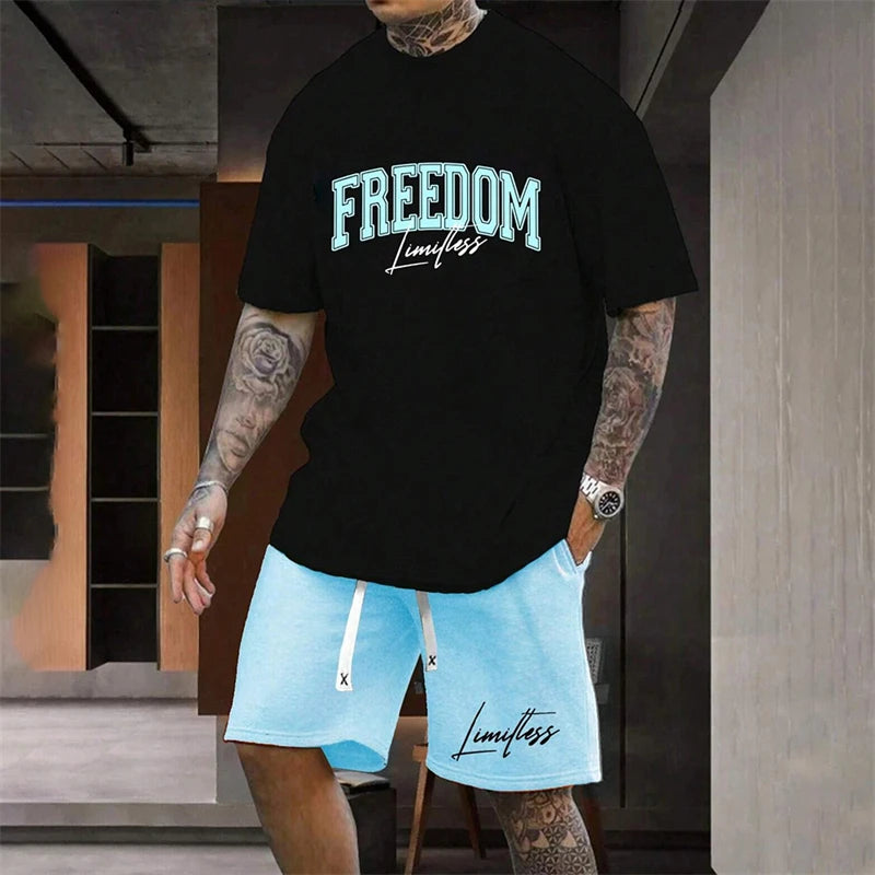 Men's Outdoor Letter Print Shorts Set Two-Piece Streetwear Two-Piece Athletic Wear Crew Neck T-Shirt Fashion Men's Apparel