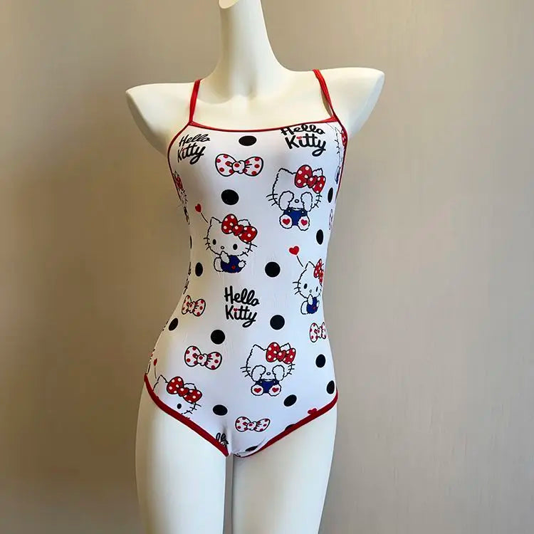 Anime Cute Kawaii Sanrio Hello Kitty One Piece Racing Swimsuit Backless Sports Training Swimwear Double Layer No Water Retention