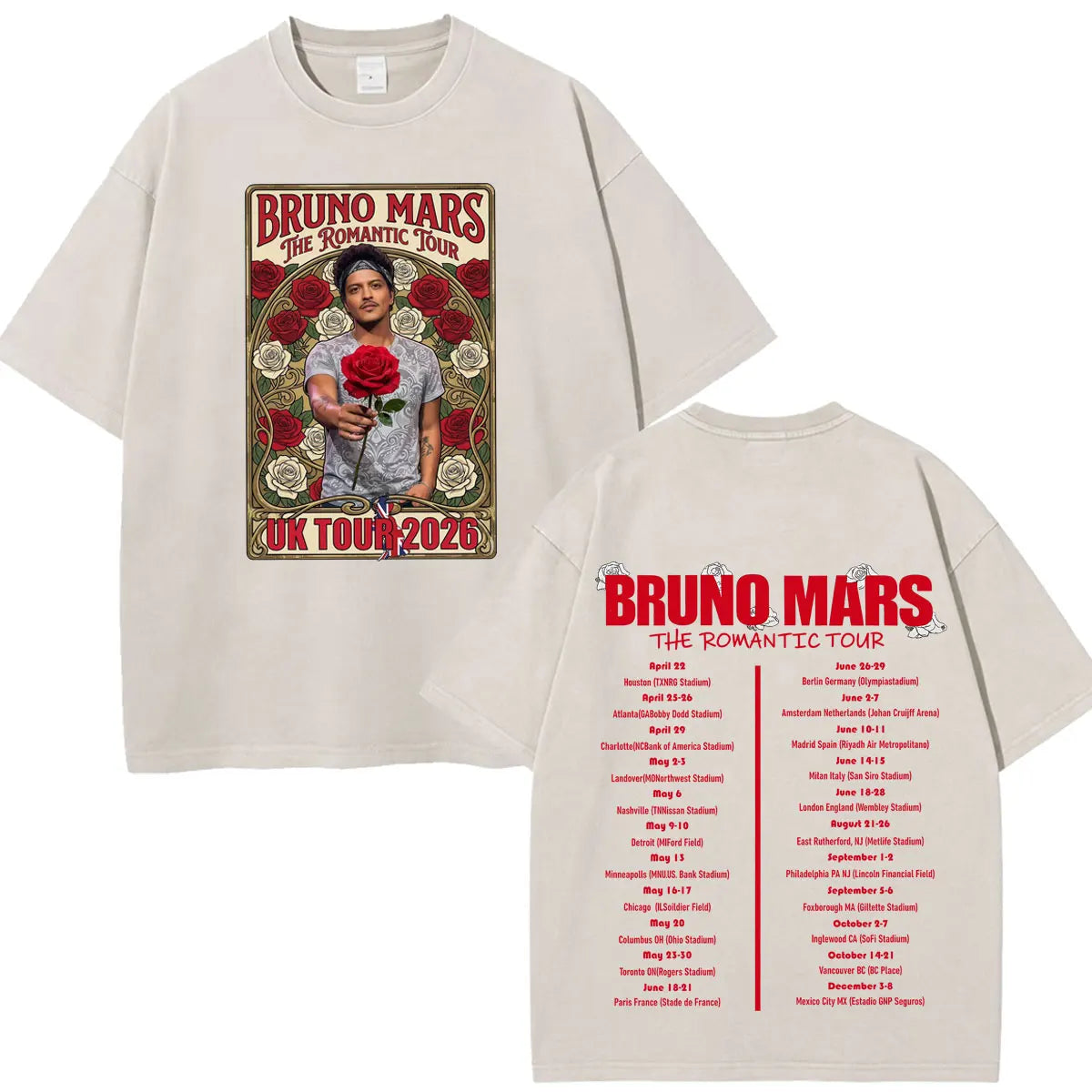 Bruno Mars The Romantic Tour 2026 Print Vintage Washed T-shirt Man Woman Fashion T-shirts Cotton Loose Casual Oversized T-shirts