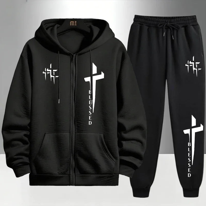 Urban Causal Fashion Hoodies Outerwear Sets Cross Blessed Print Tracksuit for Men Zipper Hooded Sweatshirt and Black Sweatpants