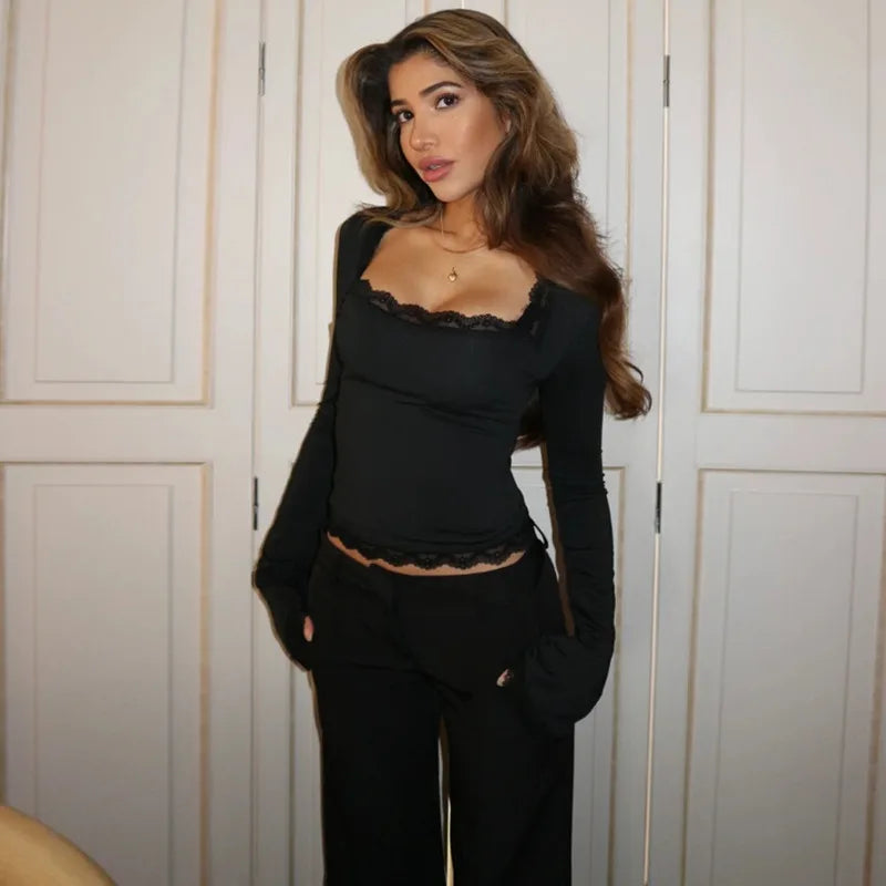 Women's Lace Edged Square Neck Long Sleeved Slim Fit Ladies Top T-Shirt Classic Simple Solid Sexy Square Neck Pullover Y2k Style