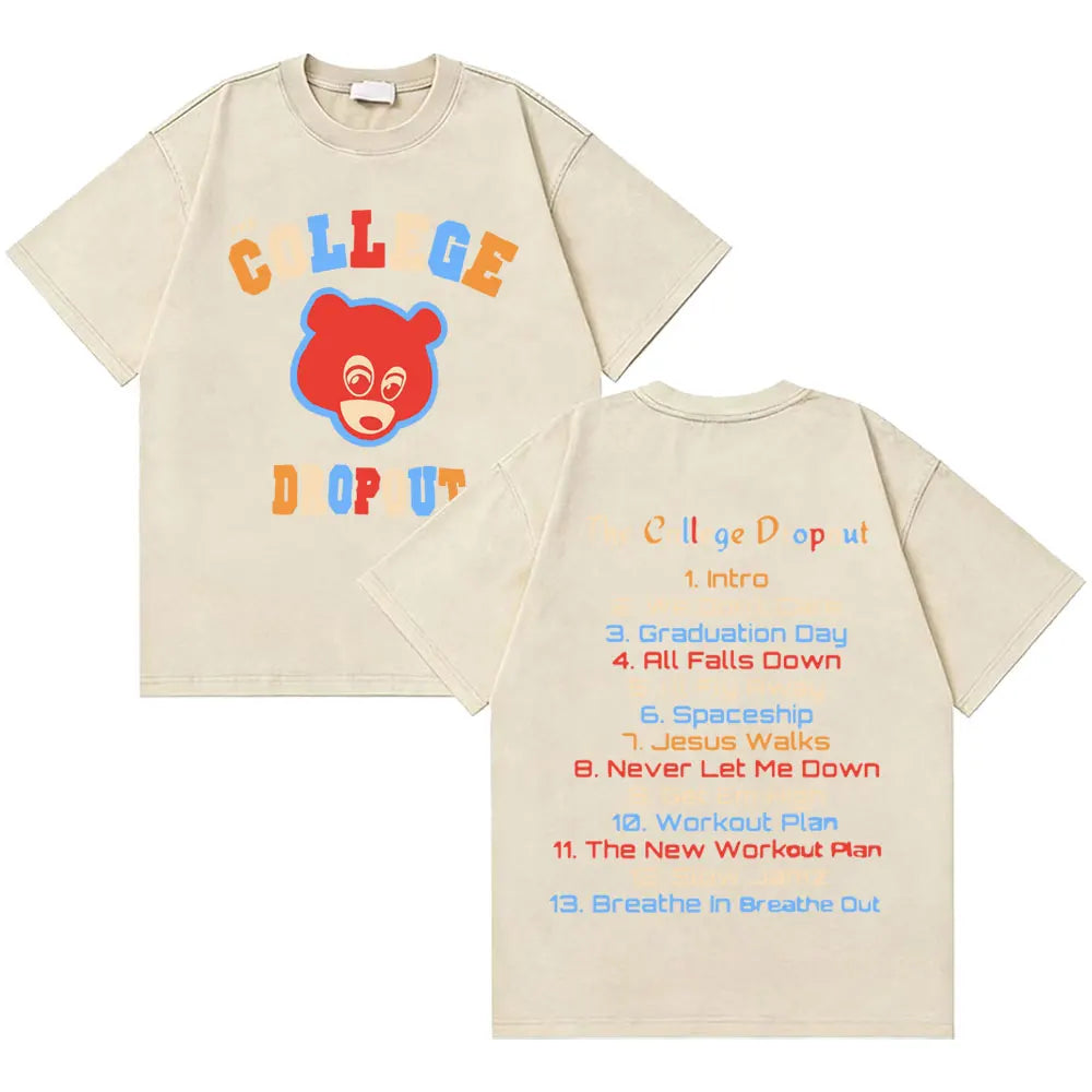 Awesome Rapper Kanye West Graduation Bear Vintage Washed T-shirt Men Women Hip Hop Fashion Trend Short Sleeve T Shirt Streetwear