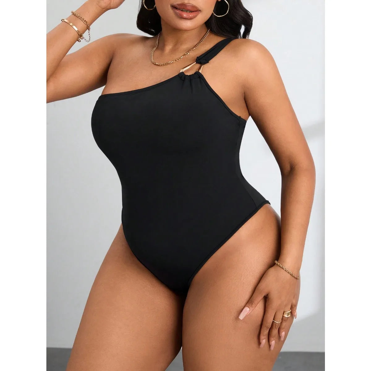Plus-Size Women's Jumpsuit Sexy One-Shoulder Gold Ring Detail Solid Color Waist-Defining Pants Slimming Shaping One-Piece
