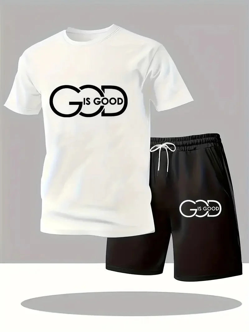 Street Fashion Trend Men's Round Neck Short Sleeved Set, Outdoor Simple Round Neck Top, Casual and Comfortable Shorts