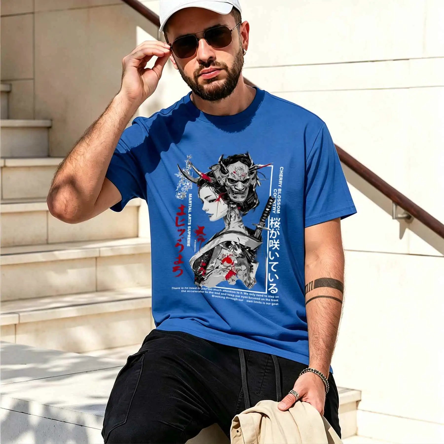 new printed T-shirt printed with  Men's Japanese Dark Ukiyo-e T-shirt, Oni Mask Geisha Katana Print Cool Street Style Top