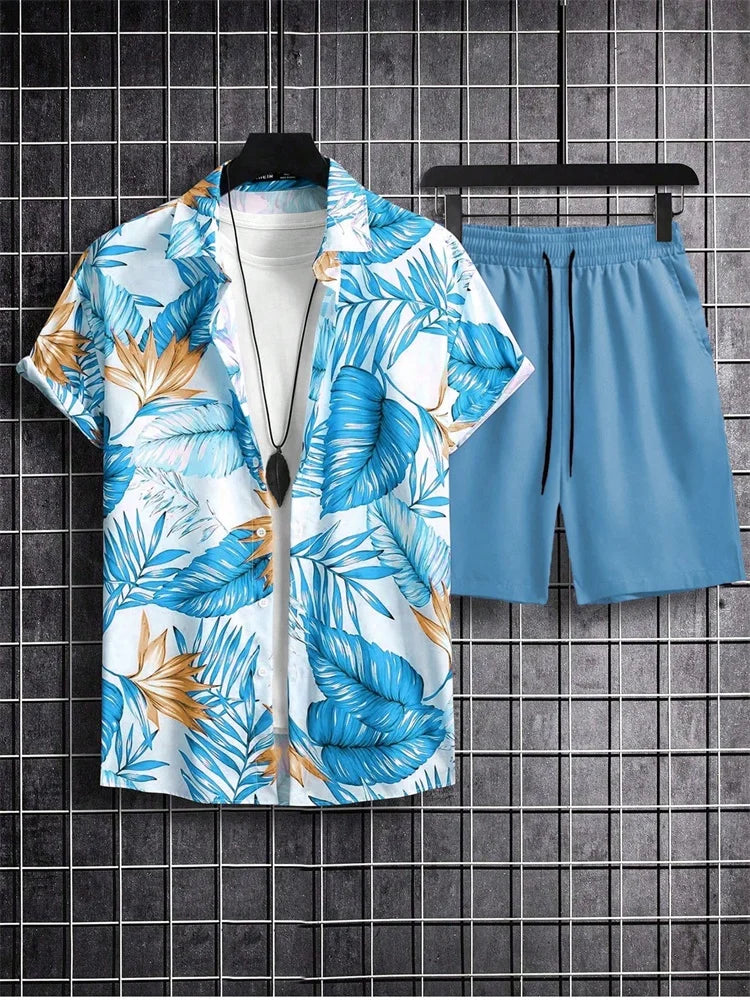 Men's Short-sleeved Shirt Set Artistic And Simple Style Plant Print Solid-color Shorts Casual Fashionable And Daily