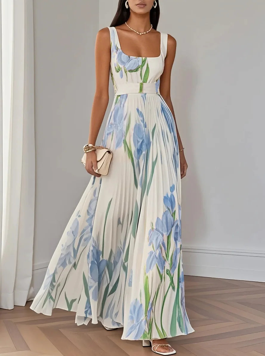 Hot Sale Women High Waist Pleated Maxi Dress Square Neck Sleeveless Floral Digital Print Strap Summer Beach Vacation Long Dresse