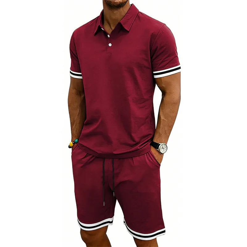 European and American men's summer casual trend thin breathable polo lapel short-sleeved POLO shorts set