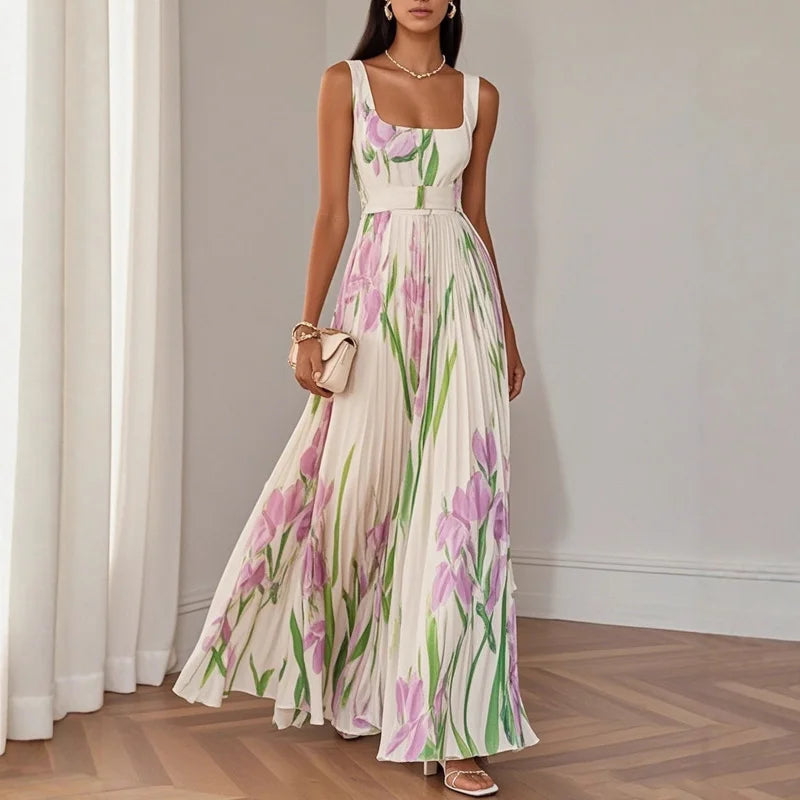 Hot Sale Women High Waist Pleated Maxi Dress Square Neck Sleeveless Floral Digital Print Strap Summer Beach Vacation Long Dresse