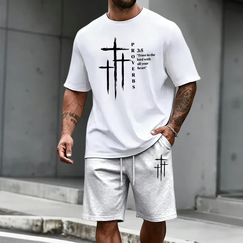 2026 Summer Men's Set Cross Print T-shirts and Shorts Home Outdoor Comfort Soft Short Sleeve Outfit Urban Casual Trend Tracksuit
