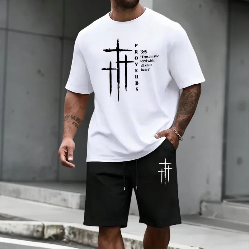 2026 Summer Men's Set Cross Print T-shirts and Shorts Home Outdoor Comfort Soft Short Sleeve Outfit Urban Casual Trend Tracksuit