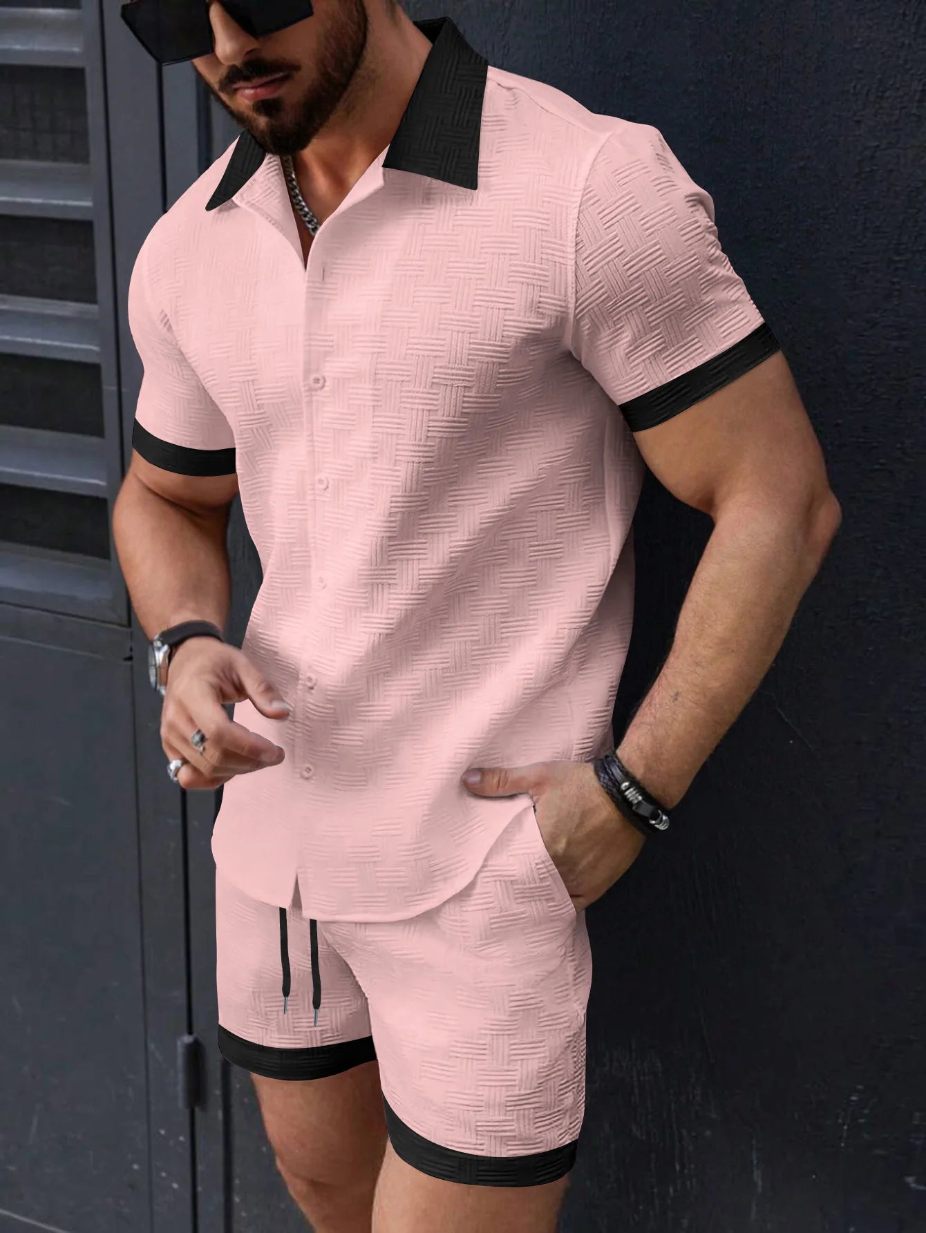 Matching Sets Trend Men Suit  Linen Short Sleeve JacquardShirt And Shorts 2-piece Set Hawaii Beach Men Casual Set 2 piece set
