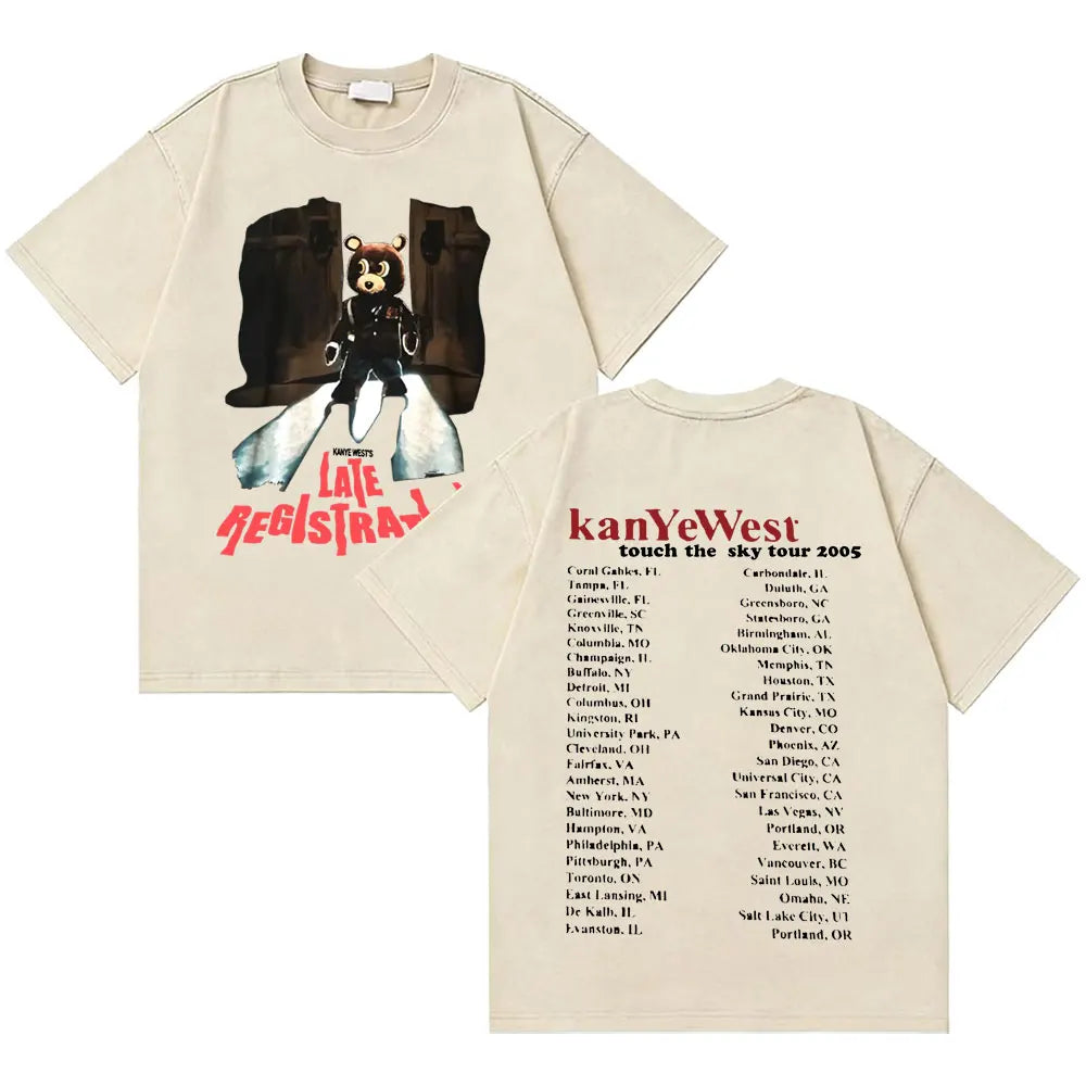 Awesome Rapper Kanye West Graduation Bear Vintage Washed T-shirt Men Women Hip Hop Fashion Trend Short Sleeve T Shirt Streetwear