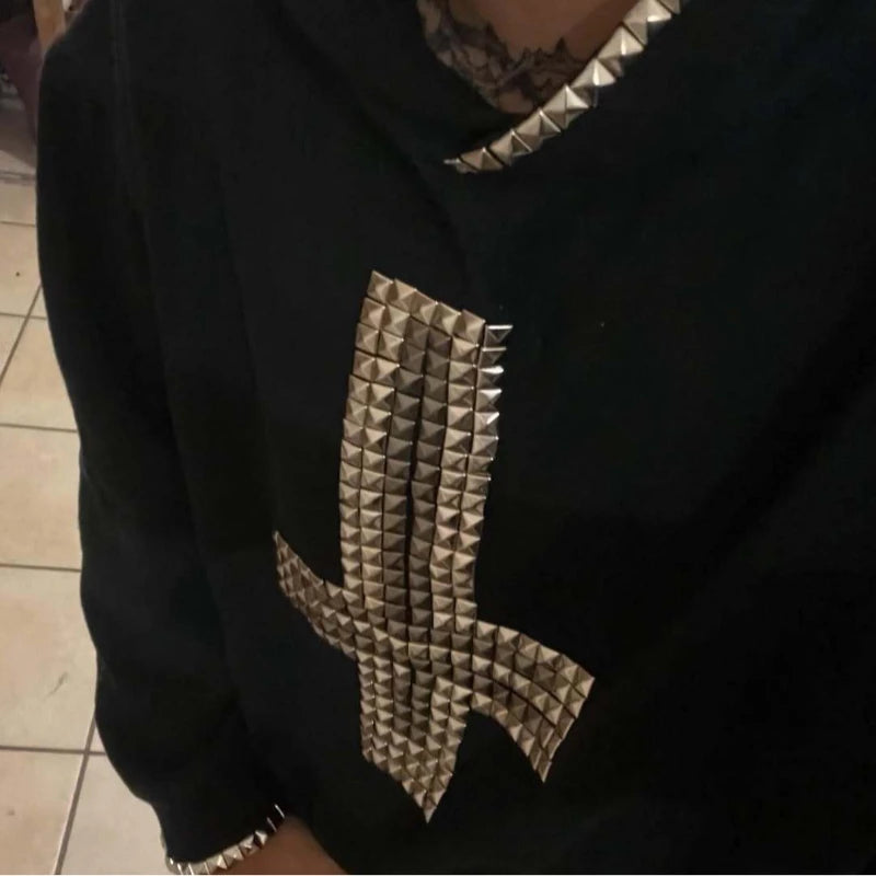 Unisex autumn/winter hoodie with loose and casual style, cross metal rivet design, cardigan sweatshirt, punk rock, hip-hop, and