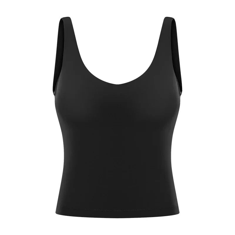 Women Waist-Length Tank Top V-neck 4-way Stretch Sweat-wicking Yoga Shirt With Removable Cups U-Back Workout Vest