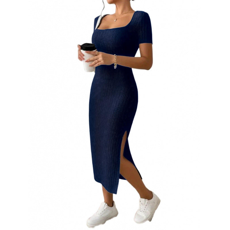 Womens Square Neck Slim Fit Slit Dress