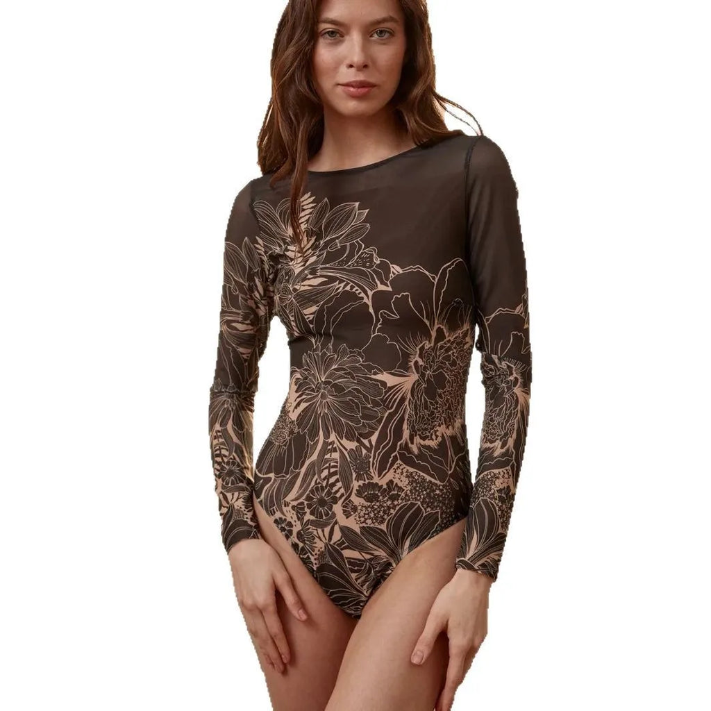 Long Sleeve Swimsuit Printed Sheer Mesh Swimwear Geometric Print Tribal Pattern Bathing Suit Red Orange High Neck Bodysuit